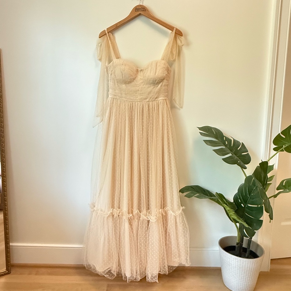 Elegant Cream Maxi Dress with Sheer Overlay